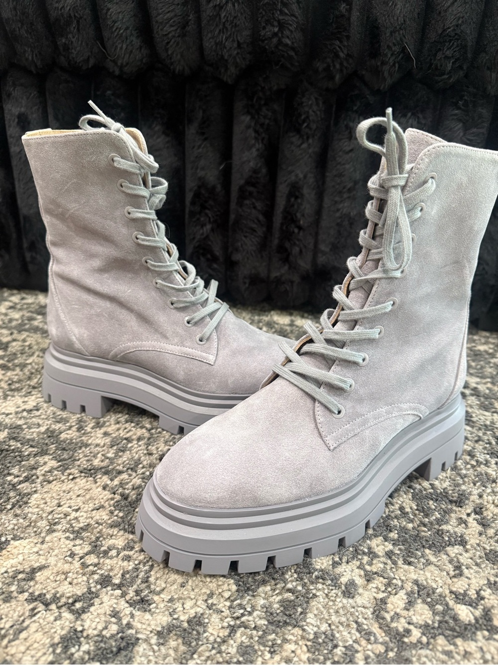 NEW Stuart Weitzman Gray Suede Lug Sole Combat Boots | US 5.5 / EU 36